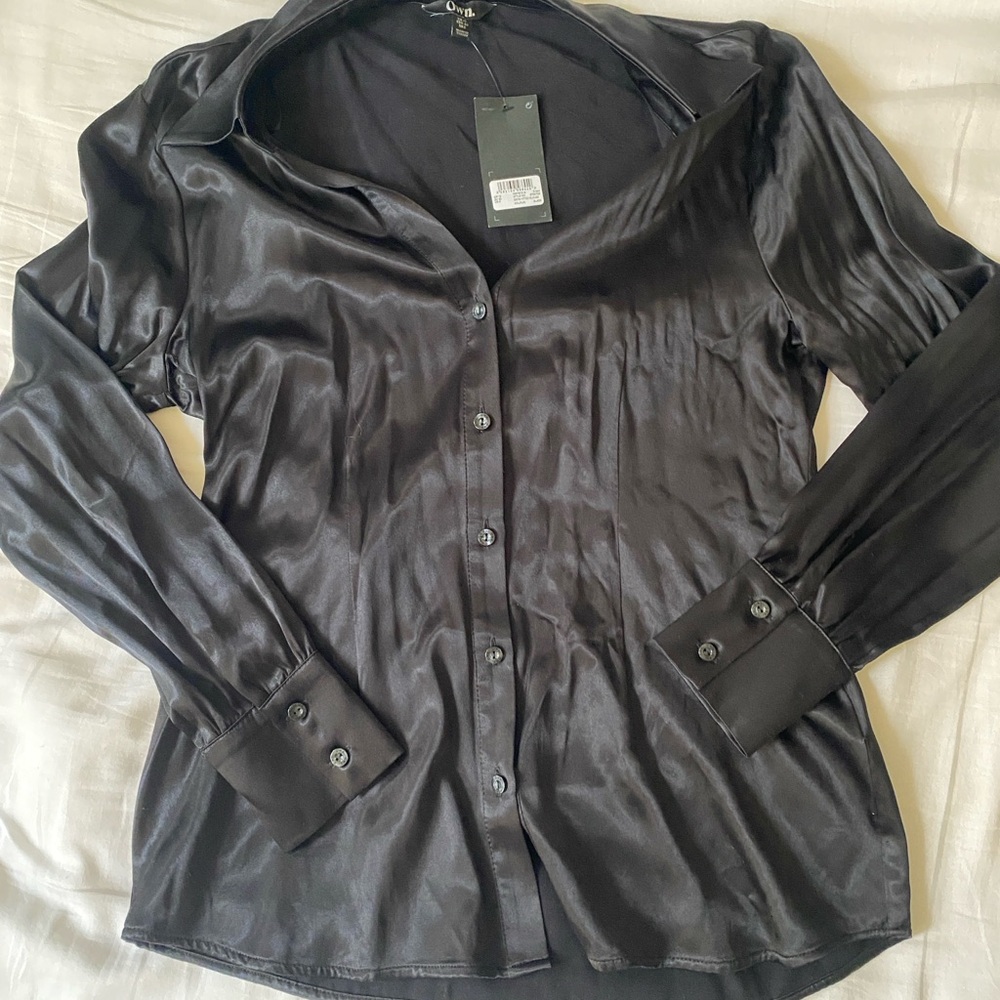 Women's Satin Button-Down Shirt in Black